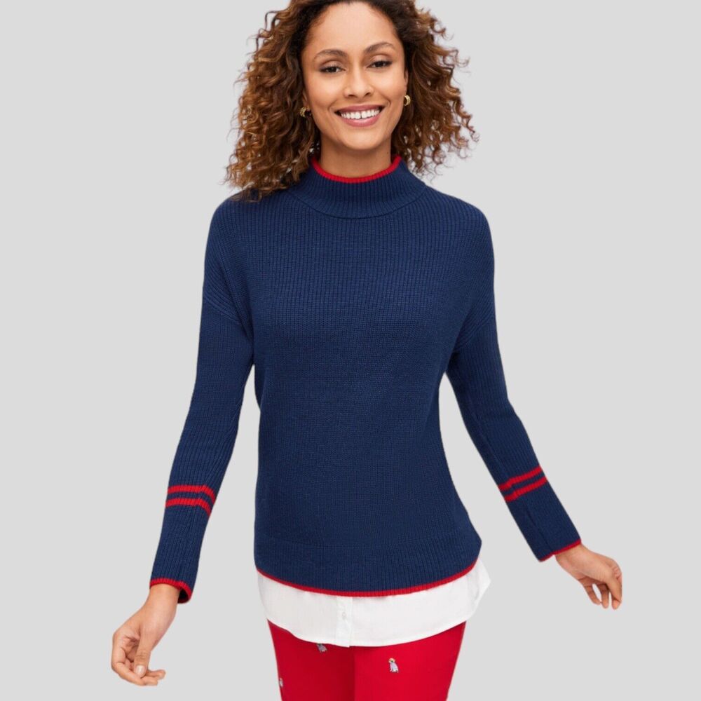 TALBOTS Red Navy Blue Sweater Woven Hem Sweater‎ Mock Neck Women's Size Medium